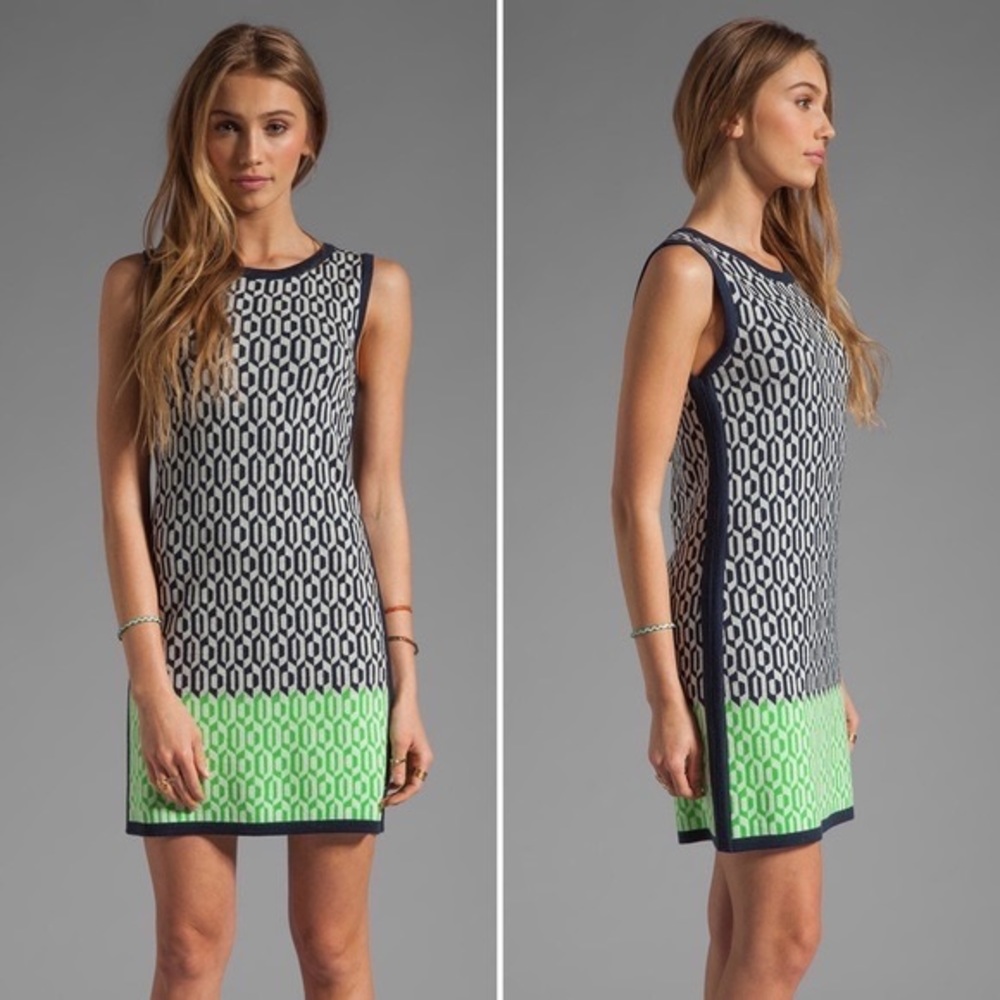 NWT Juicy Couture Aquarius mod sleeveless wool sweater dress, blue & green, S